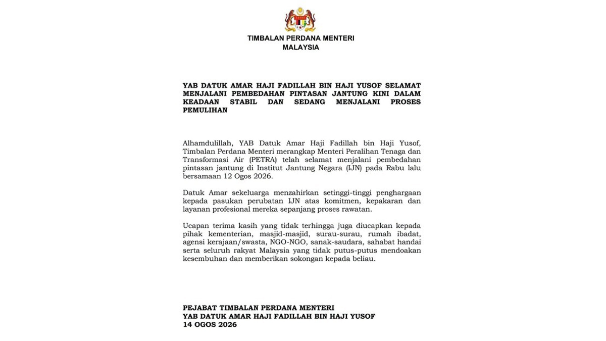 Deputy PM Fadillah Makes Strong Recovery After Double Heart Bypass Surgery
