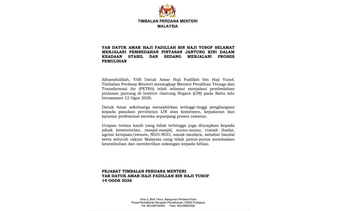Deputy PM Fadillah Makes Strong Recovery After Double Heart Bypass Surgery