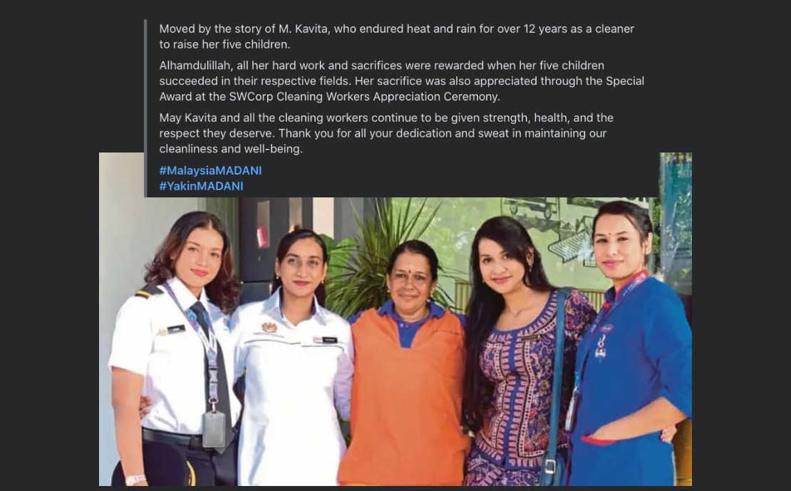 PM Anwar Pays Tribute to Seremban Street Sweeper Kavita, Whose Children Rose to Success