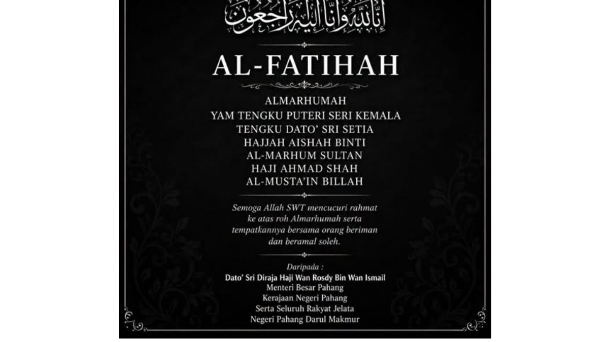 Pahang Menteri Besar Expresses Condolences Over Sultan's Sister's Passing