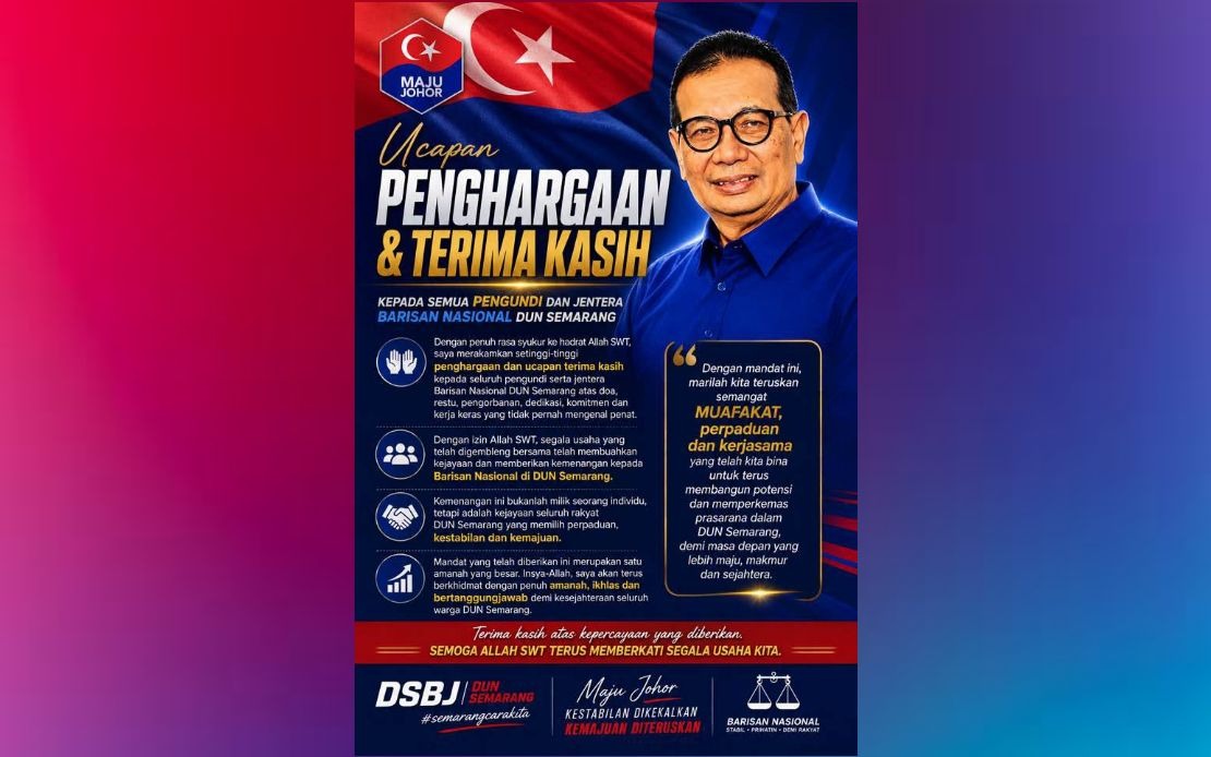 Samsolbari Jamali Secures Historic Sixth Term In Semarang As Barisan Nasional Dominates Johor Election