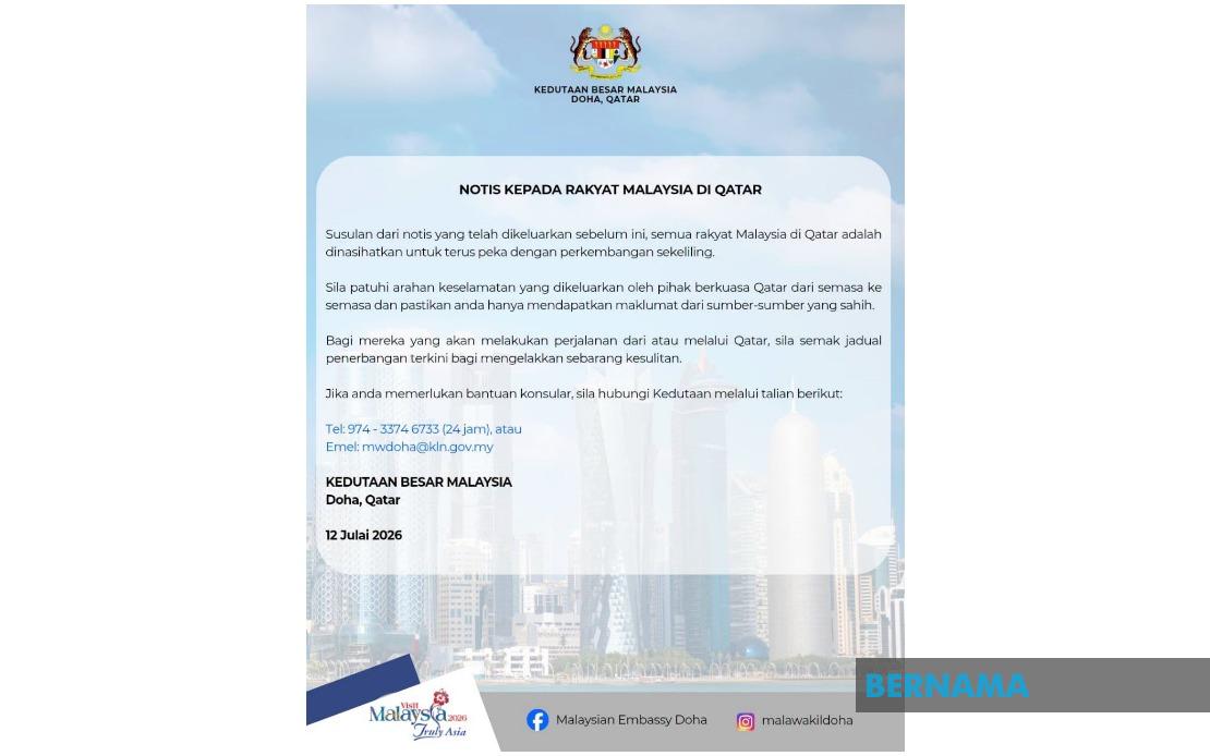 Malaysian Embassy in Qatar Advises Citizens to Heed Local Security Measures Amid US-Iran Tensions