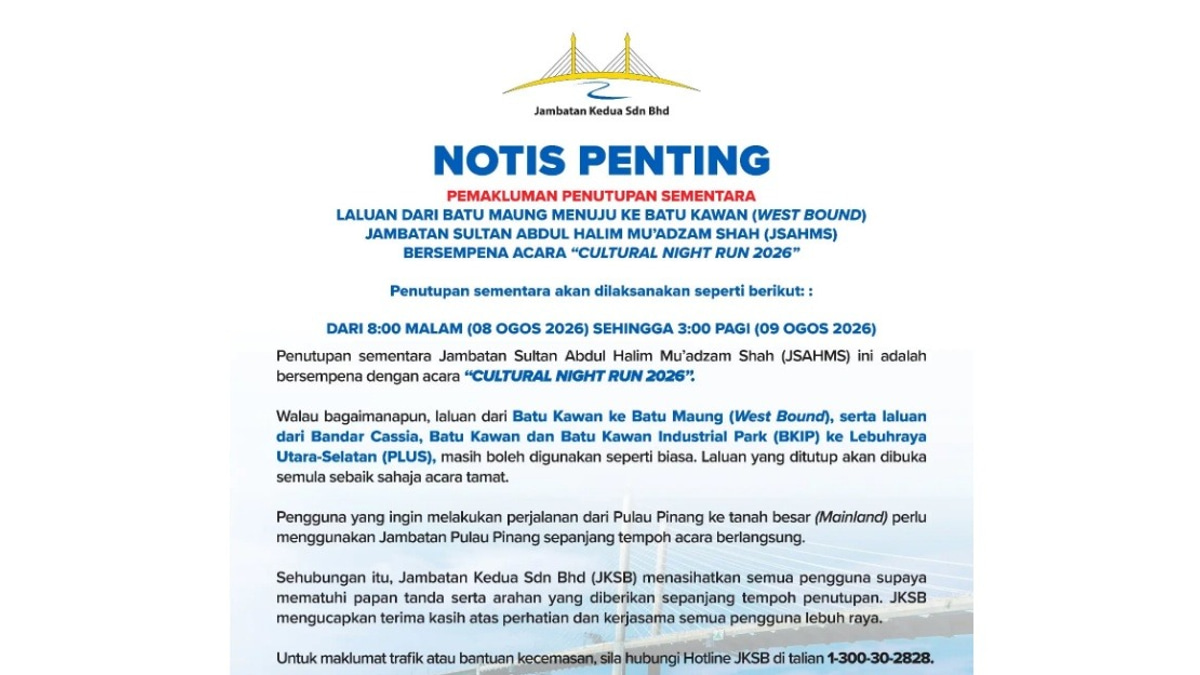 Second Penang Bridge Westbound Carriageway To Close for Cultural Night Run 2026