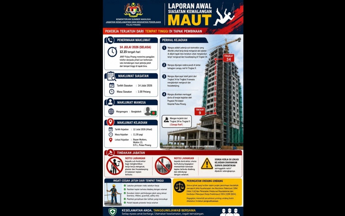 Penang Safety Authorities Investigate Fatal Fall of Bangladeshi Worker at High-Rise Construction Site