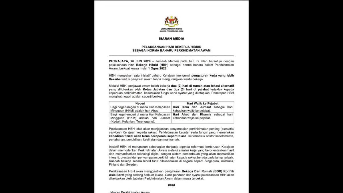Malaysia's Civil Service to Shift to Hybrid Work Model from August 1